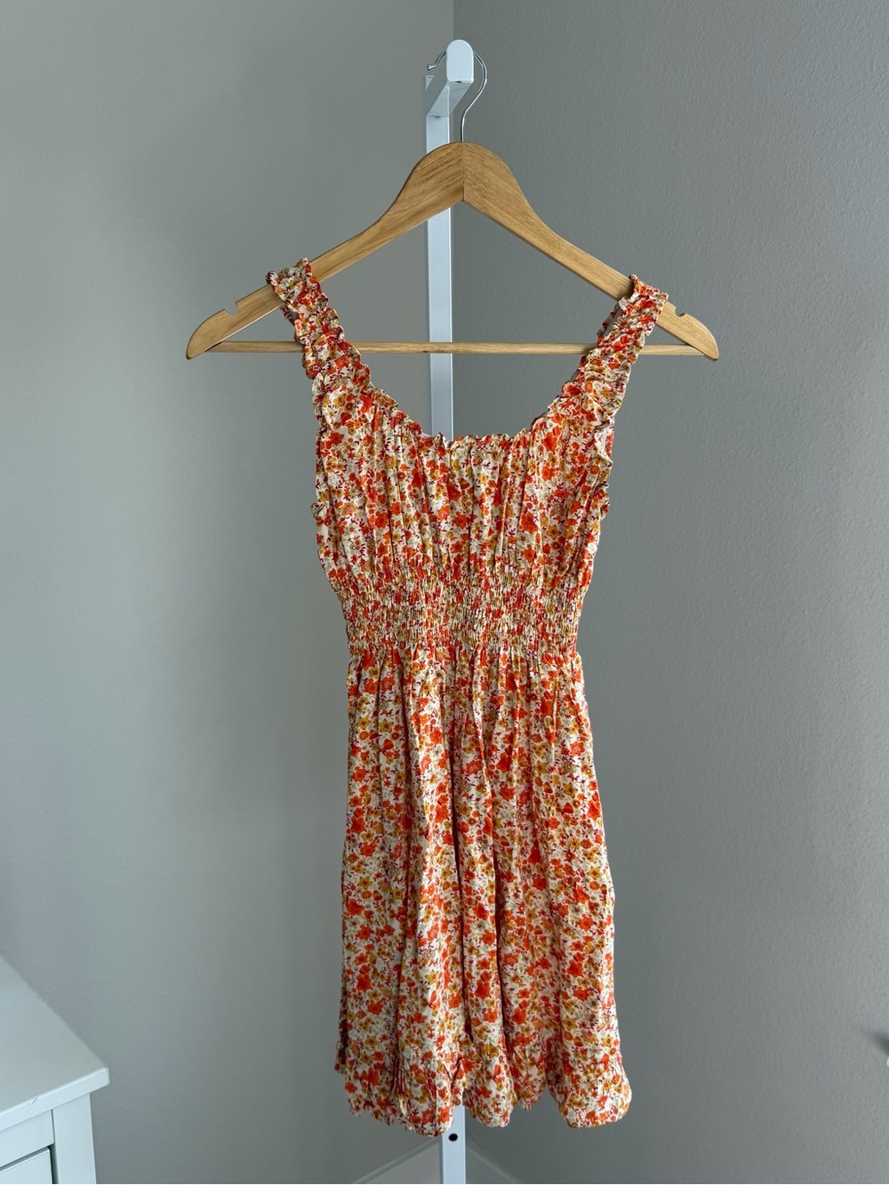 Motel Rocks Orange and Cream Floral Smocked Mini Dress